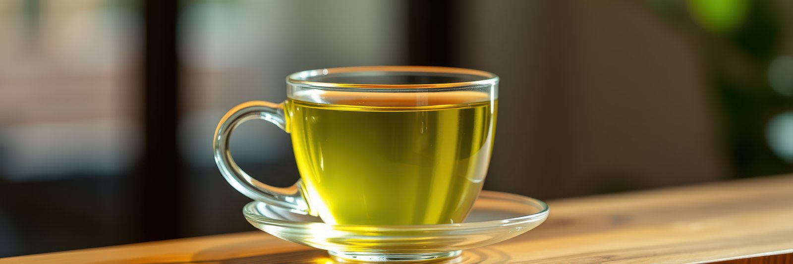 Refreshing green tea served in a clear glass teacup with a saucer on a wooden table in a cozy cafe